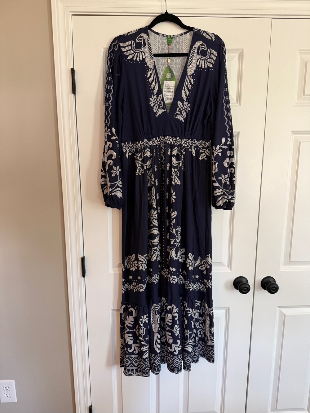 FARM Rio Navy Maxi Dress with White Floral Embroidery
